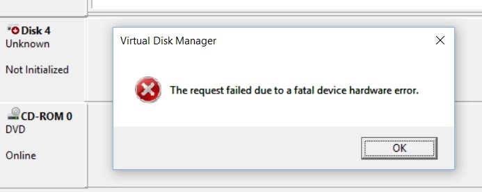 Hardware error. Запрос не был выполнен из-за ошибки ввода/вывода на устройстве. Fatal Error request failed. Hard Disk Fatal Hardware Error. Disk not initialized.