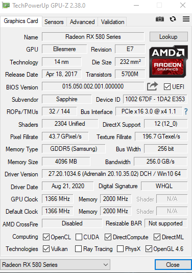 Sapphire radeon rx on sale 580 4gb pulse